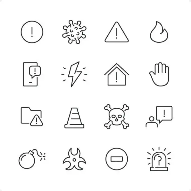 Vector illustration of Warning & Danger - Pixel Perfect line icon set, editable stroke weight.