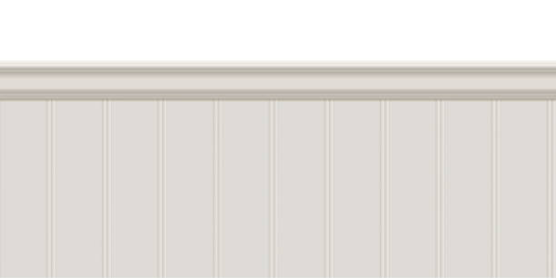 Beige beadboard or wainscot with top chair guard trim seamless pattern on white wall. Light wood or gypsum embossed baseboard or skirting under vintage wall panels. Vector illustration