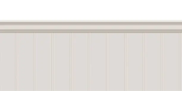 Vector illustration of Beige beadboard or wainscot with top chair guard trim seamless pattern on white wall