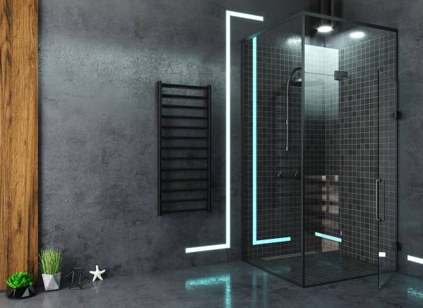 istock Modern dark glass shower room with led 1461455384