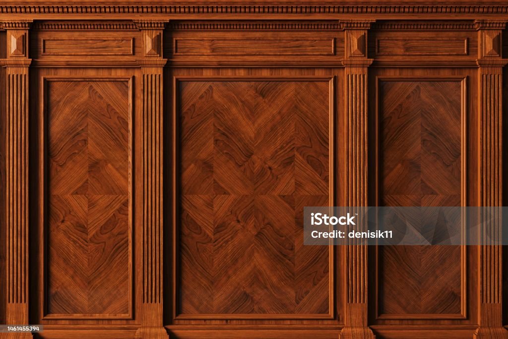 Classic wall with vintage mahogany wood panels 3d illustration. Classic wall with vintage mahogany brown beech wood panels . Joinery in the interior. Background. Wall - Building Feature Stock Photo