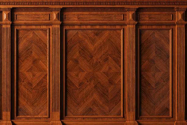 Classic wall with vintage mahogany wood panels 3d illustration. Classic wall with vintage mahogany brown beech wood panels . Joinery in the interior. Background. carved wood wall panels stock pictures, royalty-free photos & images