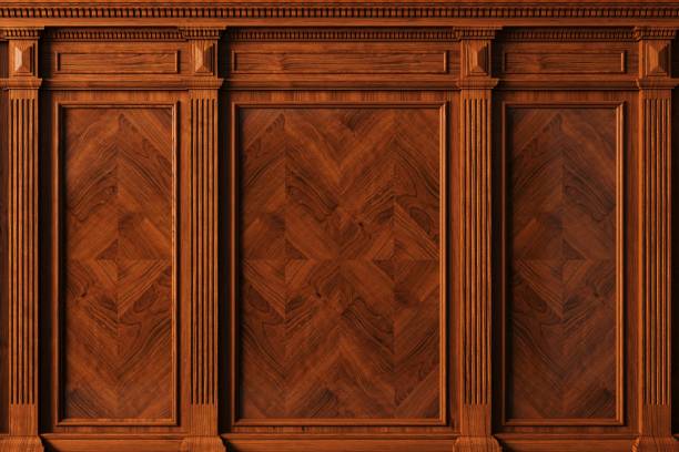 klasyczna ściana z panelami z drewna mahoniowego w stylu vintage - mahoń zdjęcia i obrazy z banku zdjęć