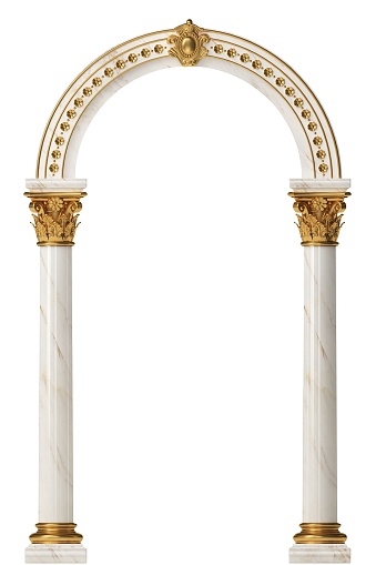 3d illustration. Golden luxury marble classic arch with columns. The portal in Baroque style. The entrance to the fairy Palace