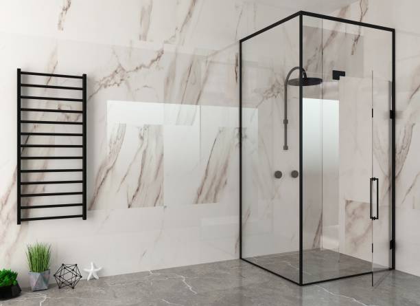 salle de douche moderne en verre blanc avec led - ardoise objet manufacturé photos et images de collection