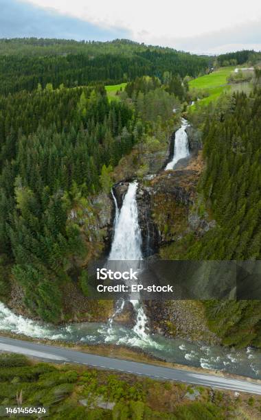 Aerial View Of Espelandsfossen Waterfall Stock Photo - Download Image Now - Aerial View, Beauty In Nature, Color Image