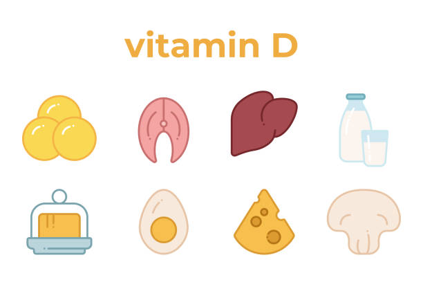 ビタミンdを含む製品の線のアイコンのセット。 - vitamin d meat food eggs点のイラスト素材／クリップアート素材／マンガ素材／アイコン素材