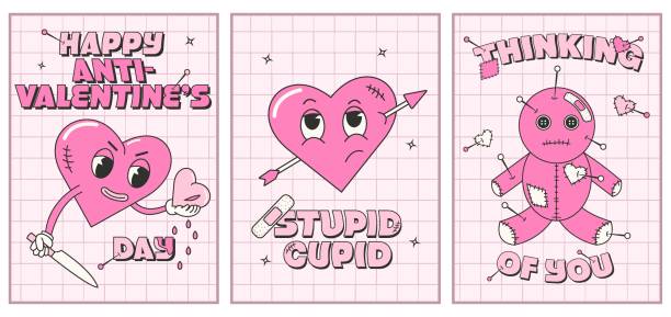 y2ksetcards Trendy y2k anti valentines day card, poster set. 2000s anti valentines day conception. Cartoon characters. Anti Valentine stock illustrations