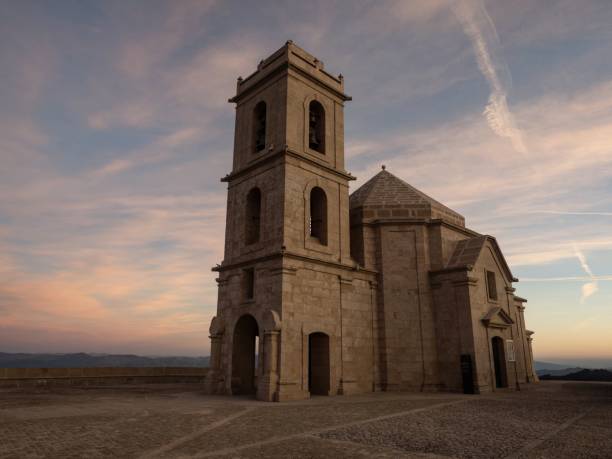Sunrise panorama view of mountain hill top church chapel Sanctuary Nossa Senhora da Granca in Mondim de Basto Portugal stock photo