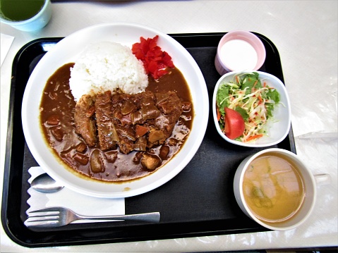 Katsu curry. Pork cutlet (tonkatsu) with curry and rice.