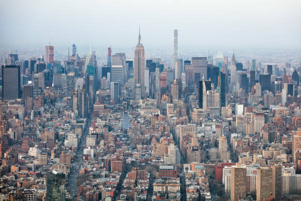Midtown and Lower Manhattan skyline elevated view, New York City, USA.