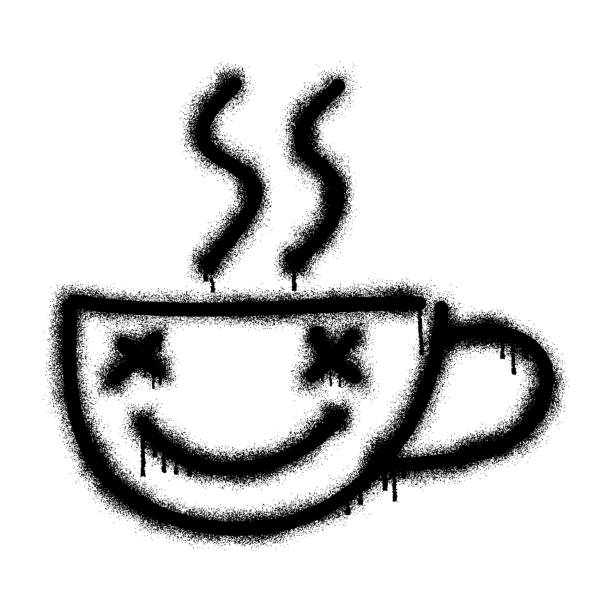 ilustraciones, imágenes clip art, dibujos animados e iconos de stock de emoticono graffiti una taza de café caliente con pintura negra en aerosol - tea stain