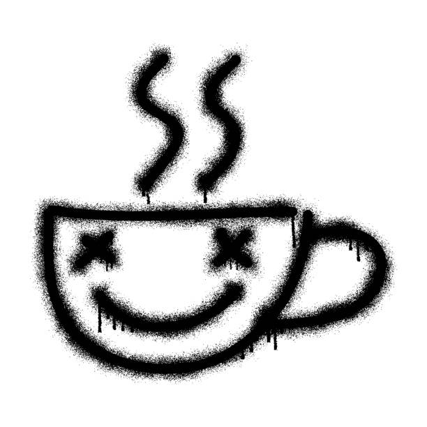 illustrations, cliparts, dessins animés et icônes de emoticon graffiti une tasse de café chaud avec de la peinture en aérosol noir - tea stain