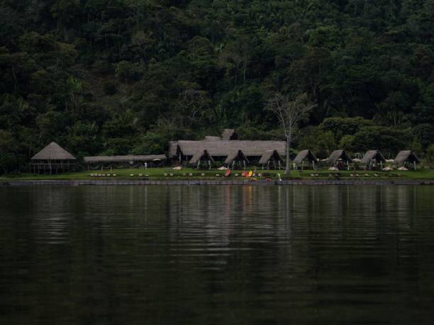 Amazon tropical rainforest exotic lush jungle eco lodge hotel wooden cabin stilt hut at river lake in South America stock photo