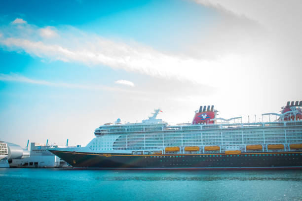 Miami, FL, USA - January 1, 2023: Disney cruise ship docked in Biscayne Bay.