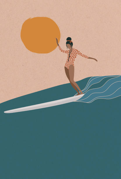 ilustraciones, imágenes clip art, dibujos animados e iconos de stock de surfista de longboard femenina montando la ola, ilustración de surf retro plano - bikini surfboard women surfing