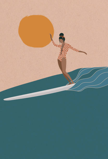 illustrazioni stock, clip art, cartoni animati e icone di tendenza di longboard femminile surfer che cavalca l'onda, illustrazione di surf retrò piatta - beach surfing bikini retro revival