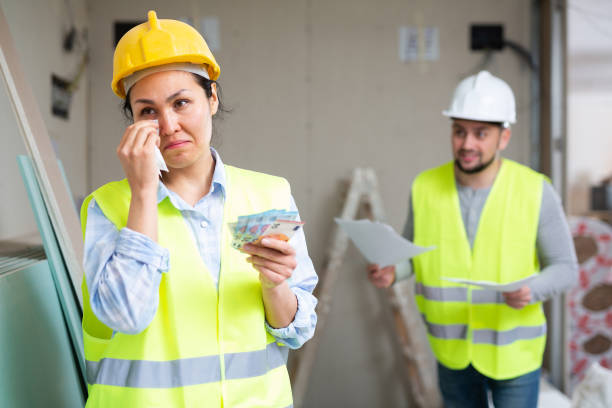 Woman engineer crying, disappointed by low salary Asian woman engineer crying, disappointed by low salary. Conflict with foreman in construction site. money cry stock pictures, royalty-free photos & images