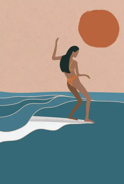 Vector illustration of Female Surfer riding the wave, flat retro surf illustration