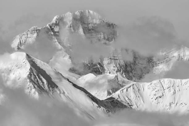 Black and white image of the Canadian Rockies in Alberta, Canada stock photo