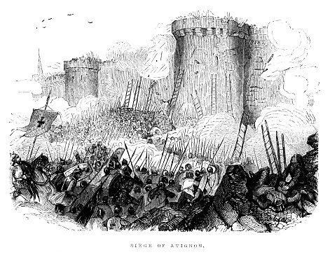 The siege of Avignon during the Albigensian Crusade of 1226,  French King Louis VIII sieged the town of Avignon, France, which lay within the Holy Roman Empire. Woodcut engraving published 1846.  Original edition is from my own archives.  Copyright has expired and is in Public Domain.