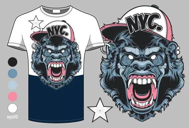 Vector illustration of ferocious angry gorilla monkey face graphic screen t-shirt design 4