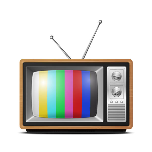 istock Vector 3d Realistic Brown Wooden Retro Striped Screen TV Receiver Isolated on White Background. Home Interior Design Concept. Vintage TV Set, Television, Front View 1461475576