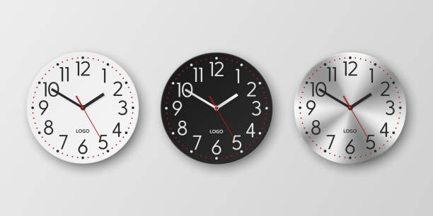 Vector 3d Realistic White, Black, Silver Round Wall Office Clock Icon Set, Design Template Isolated. Dial, Mock-up of Wall Clock for Branding and Advertise Isolated. Clock Face Design Vector 3d Realistic White, Black, Silver Round Wall Office Clock Icon Set, Design Template Isolated. Dial, Mock-up of Wall Clock for Branding and Advertise Isolated. Clock Face Design. clock wall clock face clock hand stock illustrations