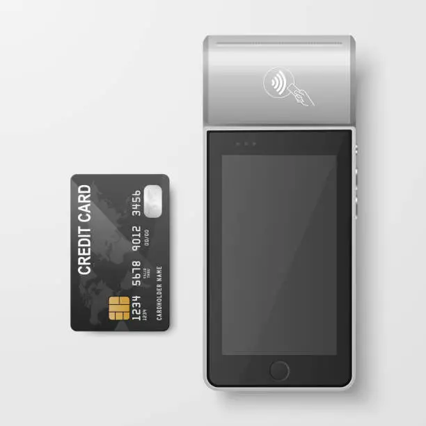 Vector illustration of Vector 3d Gray NFC Payment Machine and Credit Card Isolated. Wi-fi, Wireless Payment. POS Terminal, Machine Design Template of Bank Payment Contactless Terminal, Mockup. Top VIew