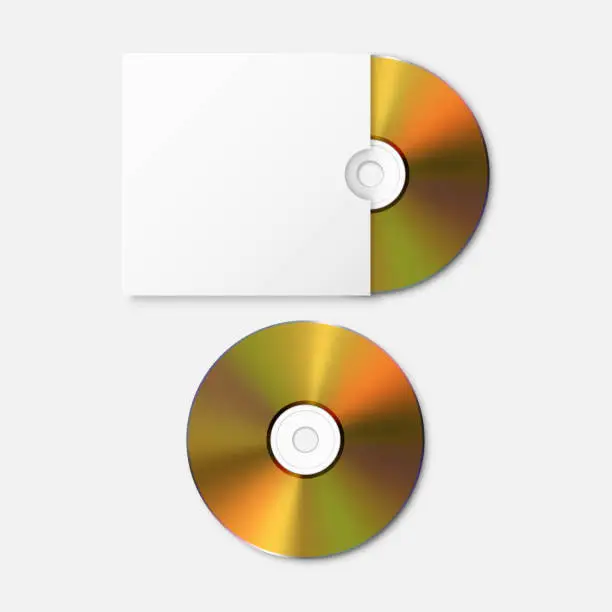 Vector illustration of Vector 3d Realistic Golden CD, DVD with Paper, Plastic Cover, Envelope, Case Set Isolated. CD Box, Packaging Design Template for Mockup. Compact Disk Icon, Top View