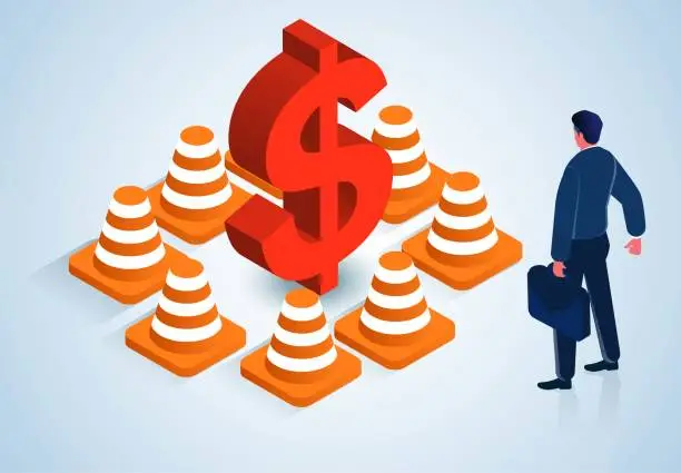 Vector illustration of Money problems, business troubles and obstacles, business risks or crisis warnings, difficulties and obstacles in the process of starting or developing a business, isometric businessmen looking quizzically at the dollar signs