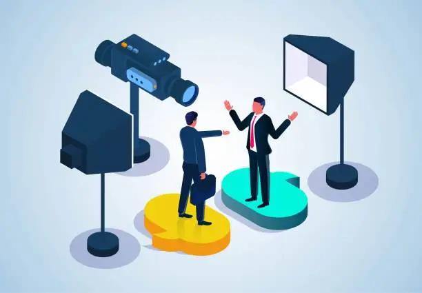 Vector illustration of Live Streaming, Live Networking Sessions, Live News Streaming, Live Business Streaming, Isometric Video Recording of Two Businessmen Discussion or Conference Blog