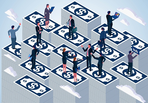 Isometric standing on stacks of tall bills to discuss and work with a group of businessmen, economic growth and development, financial markets and marketing, investment income or money management analysis, stock market exchange.
