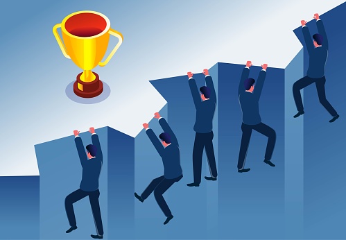 Isometric group of businessmen climbing cliffs and compete to win trophies, challenging the impossible to conquer adversity to achieve success, the courage to overcome difficulties and surpass the spirit of self-imposed challeng