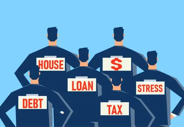 Vector illustration of Businessmen are labeled on the back of debt, taxes, house, stress, money, financial problems, debt burden and stress, family or work responsibilities