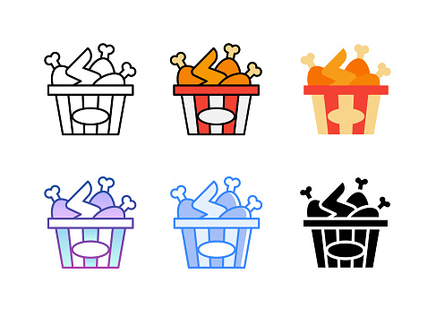 Fried chicken in bucket icons. 6 Different styles. Editable stroke.