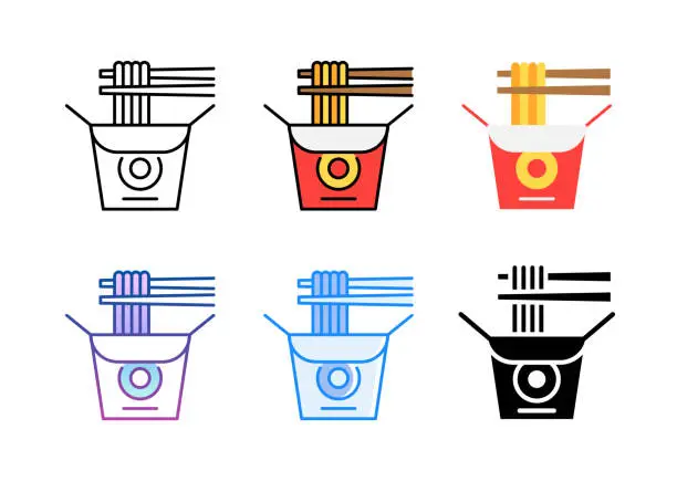 Vector illustration of Chinese food take out. Noodles. Ramen. 6 Different style icons.