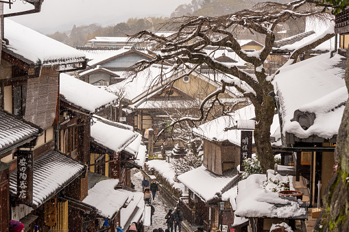 Kyoto, Japan - January 24 2023 : Sannen-zaka slope with snow in winter. Sannenzaka.