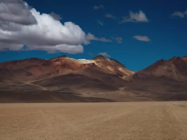 Panorama view of colorful andean Altiplano mountain landscape at Mount Cerro Nelly in Sur Lipez Potosi Bolivia South America