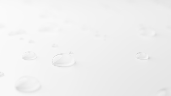 3D Illustration.Colorless water on white background. Drops of water. Serum. (Horizontal)