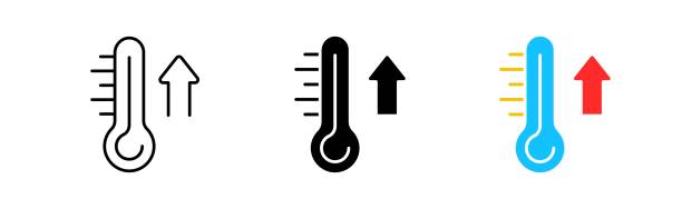 Warming icons set. Thermometer, temperature, arrow, global warming, summer, heat, warmth, up, meteorology, degrees, health, fever. Weather concept. Vector line icon in different styles Warming icons set. Thermometer, temperature, arrow, global warming, summer, heat, warmth, up, meteorology, degrees, health, fever. Weather concept. Vector line icon in different styles temp gauge stock illustrations