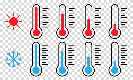 Set of thermometer symbols. Cold and hot temperature icons. Vector illustration isolated on transparent background