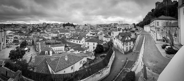 View of roofs of the houses in old town Porto, Portugal. Black and white photo.