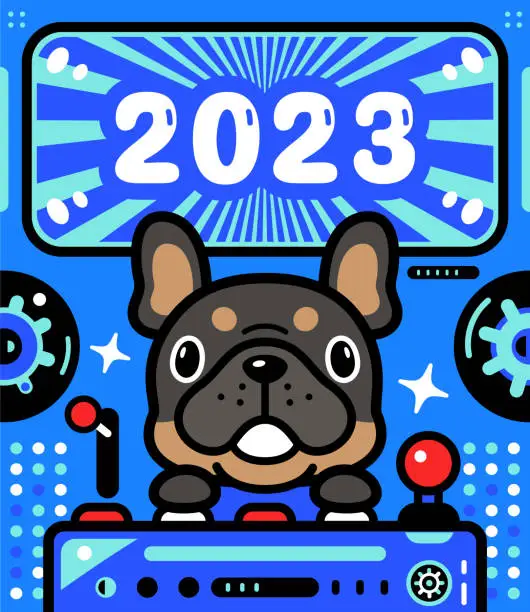 Vector illustration of A cute French bulldog is piloting an Unlimited Power Spaceship and celebrating the arrival of 2023