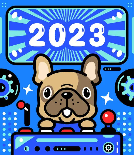 Vector illustration of A cute French bulldog is piloting an Unlimited Power Spaceship and celebrating the arrival of 2023