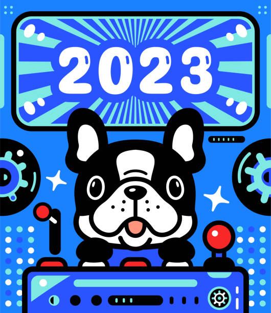 eine niedliche französische bulldogge steuert ein raumschiff mit unbegrenzter kraft und feiert die ankunft von 2023 - driving speed humor video game stock-grafiken, -clipart, -cartoons und -symbole