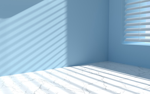 3d rendering of the room corner wall and window with blinds, shadow. Kitchen or bathroom interior mock up for product presentation