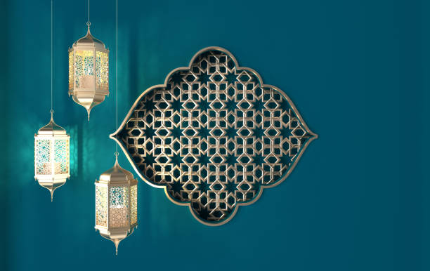 golden lantern with candle, lamp with arabic decoration, arabesque design. concept for islamic celebration day ramadan kareem or eid al fitr adha. 3d rendering illustration - mevlid kandili stok fotoğraflar ve resimler