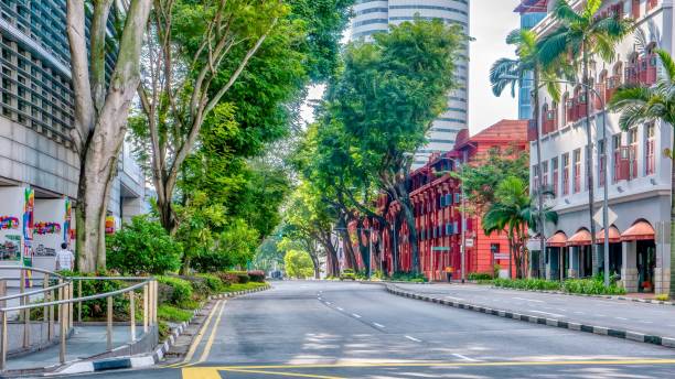 An attractive Singapore road with tropical greenery and a blend of old and modern architecture visible. stock photo