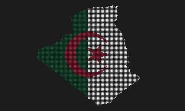 Algeria map flag with grunge texture in mosaic dot style. Abstract pixel vector illustration of a country map with halftone effect for infographic. algeria flag silhouettes stock illustrations